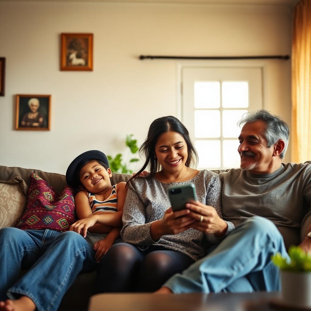 Familia mexicana tranquila en casa revisando sus finanzas con confianza